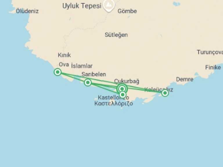 Map of Turkey Beach Tour with 5 destination visits for the trip: Walking Turkey's Turquoise Coast