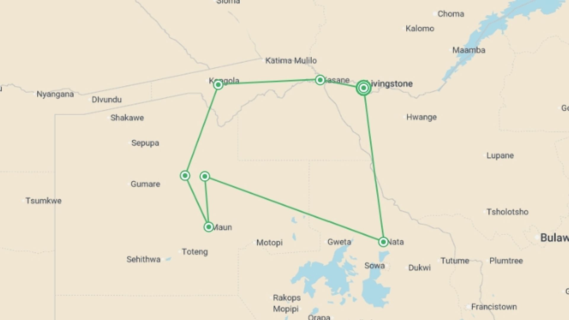 A map showing the tour itinerary for the trip: Best of Botswana & Victoria Falls - 12 days, starting in Victoria Falls, Zimbabwe and ending in Victoria Falls, Zimbabwe going through 6 other destinations.