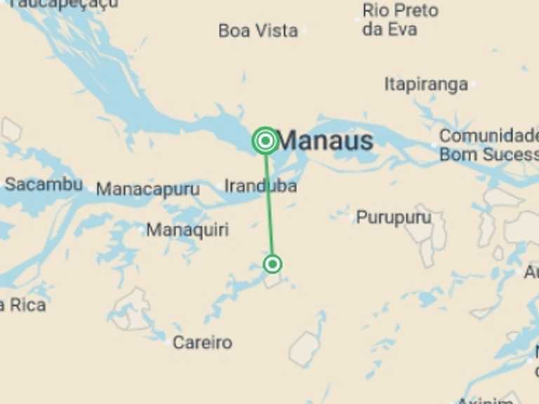 Map itinerary of Manaus Tour in Winter with 2 destination visits for the trip: Manaus Amazon Jungle Adventure 5D/4N