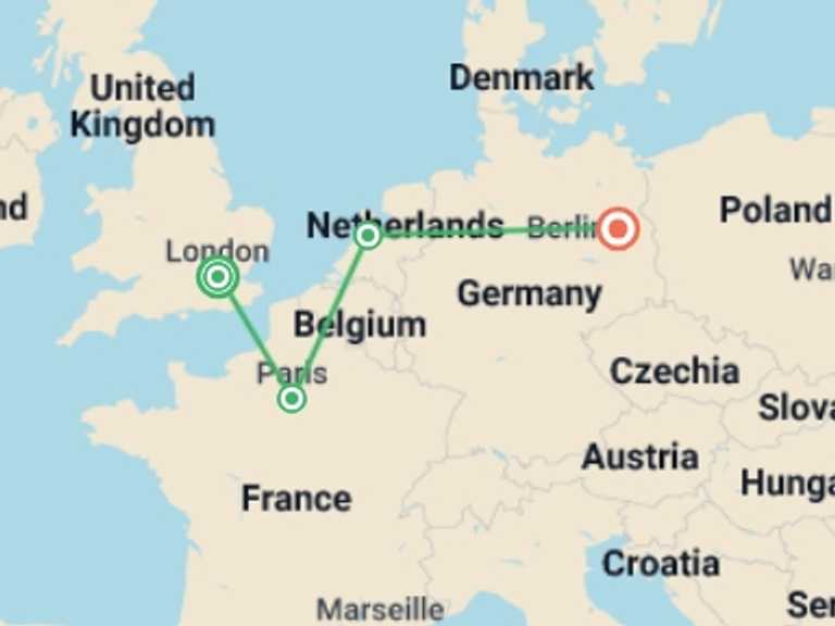 Map itinerary of London Tour in September 2026 with 2 destination visits for the trip: London to Berlin by Train