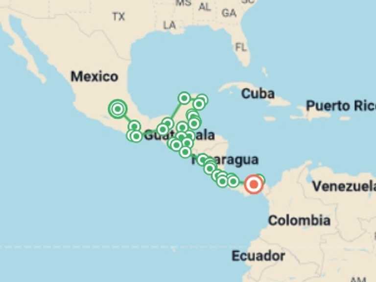 Map of a Active and outdoor Tour with 32 destination visits for the trip: Mexico City to Panama City Travel Pass