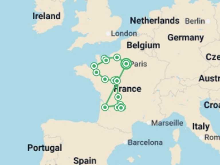 Map itinerary of Europe Tour in June 2026 with 7 destination visits for the trip: French Ring
