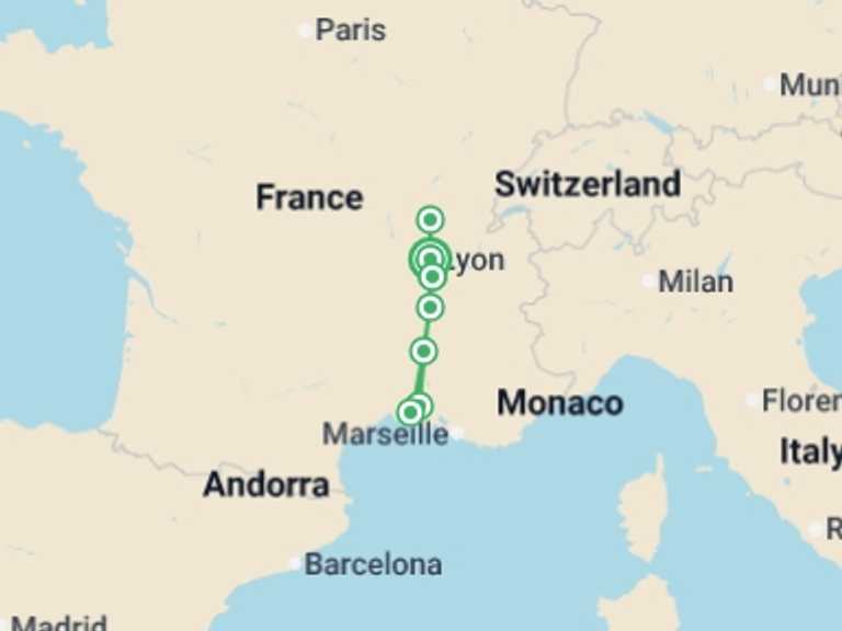 Map of Europe Tour with 6 destination visits for the trip: Cruise and Hikes: The Rhône and the Saône Reveal the Richness of Their Terroirs (port-to-port cruise)