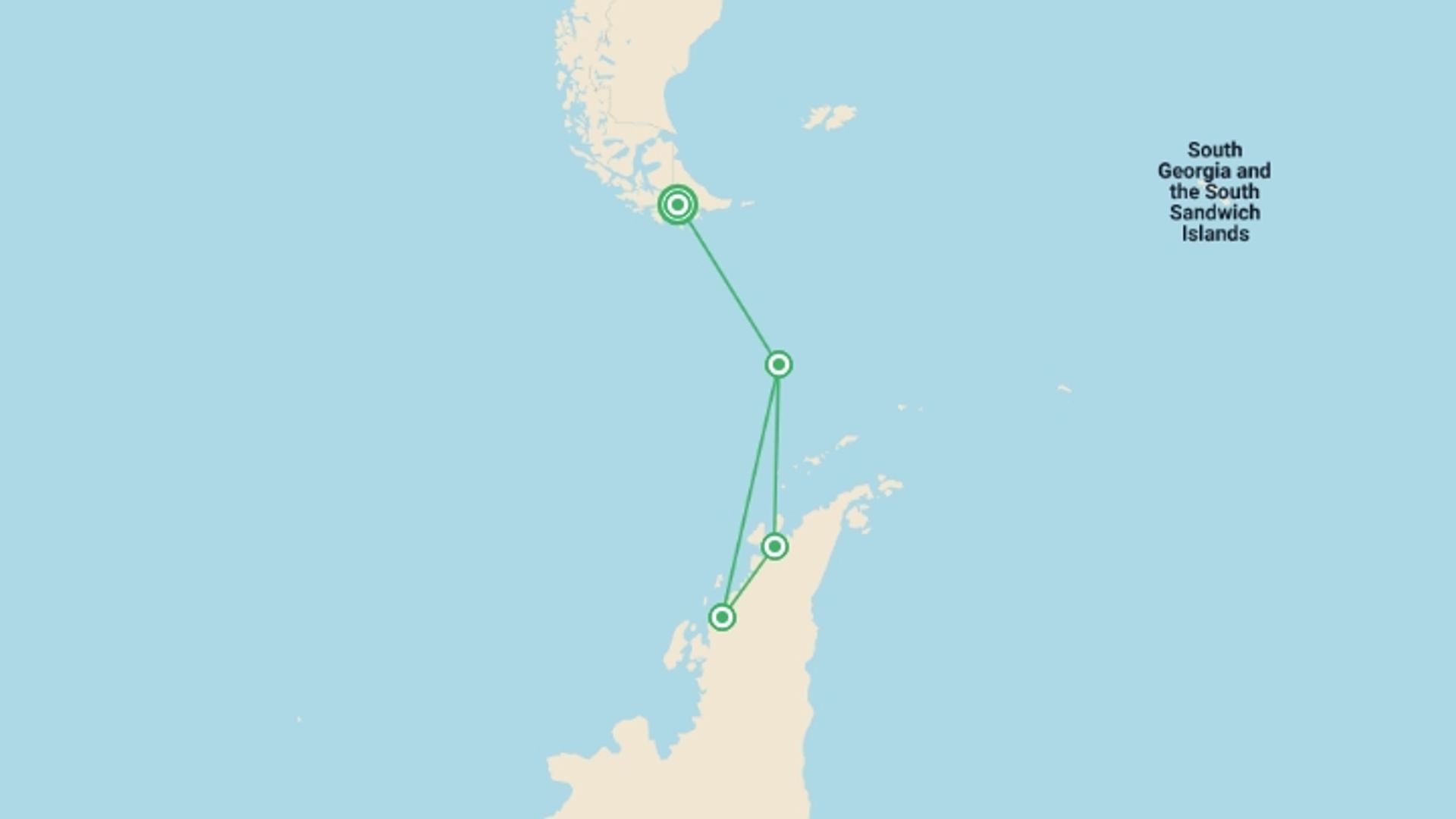 A map showing the tour itinerary for the trip: Crossing the Circle: Southern Expedition (Ocean Explorer), starting in Ushuaia, Argentina and ending in Ushuaia, Argentina going through 3 other destinations.