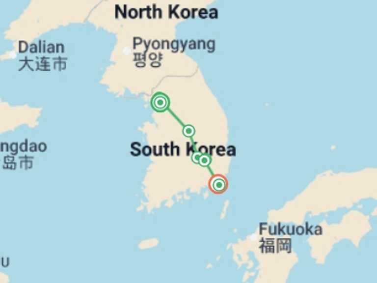 Map of 9-Day South Korea Tour with 8 destination visits for the trip: Cycling Seoul to Busan