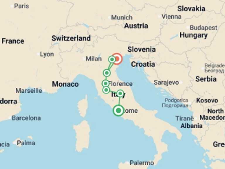 Map itinerary of Europe Tour in May 2026 with 4 destination visits for the trip: The Marco Polo