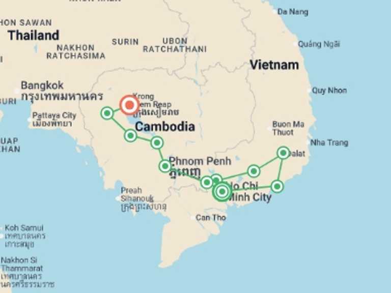 Map itinerary of Ho Chi Minh City Tour in October 2026 with 12 destination visits for the trip: Road Biking from Saigon to Angkor