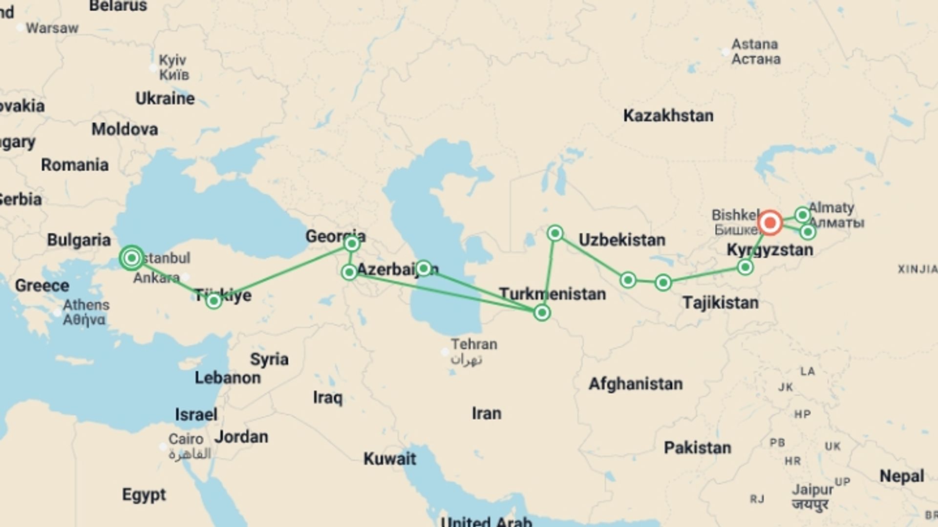 A map showing the tour itinerary for the trip: Istanbul To Bishkek (90 Days), starting in Istanbul, Turkey and ending in Bishkek, Kyrgyzstan going through 11 other destinations.