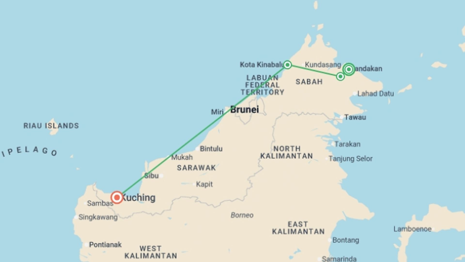 A map showing the tour itinerary for the trip: Escorted Borneo Adventure - Premium Tour, starting in Sandakan, Malaysia and ending in Kuching, Malaysia going through 2 other destinations.