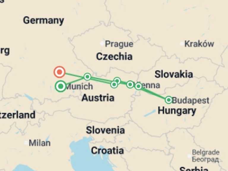 Map of a Sightseeing Tour with 7 destination visits for the trip: Magical Danube Cruise