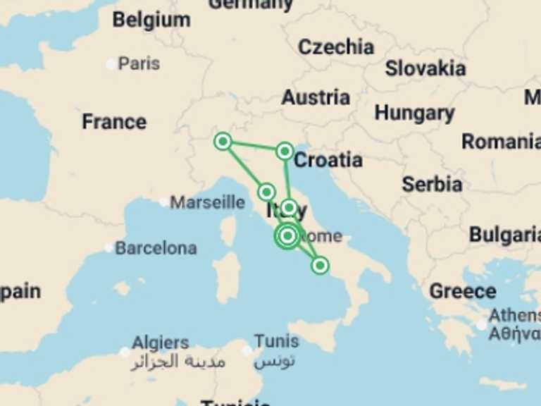 Map itinerary of Mediterranean Tour in July 2026 with 6 destination visits for the trip: Best of Italy