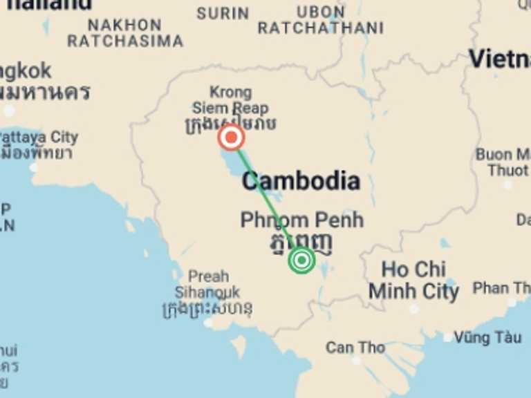 Map of Cambodia Tour with 2 destination visits for the trip: Cambodia Highlights Small Group Tour