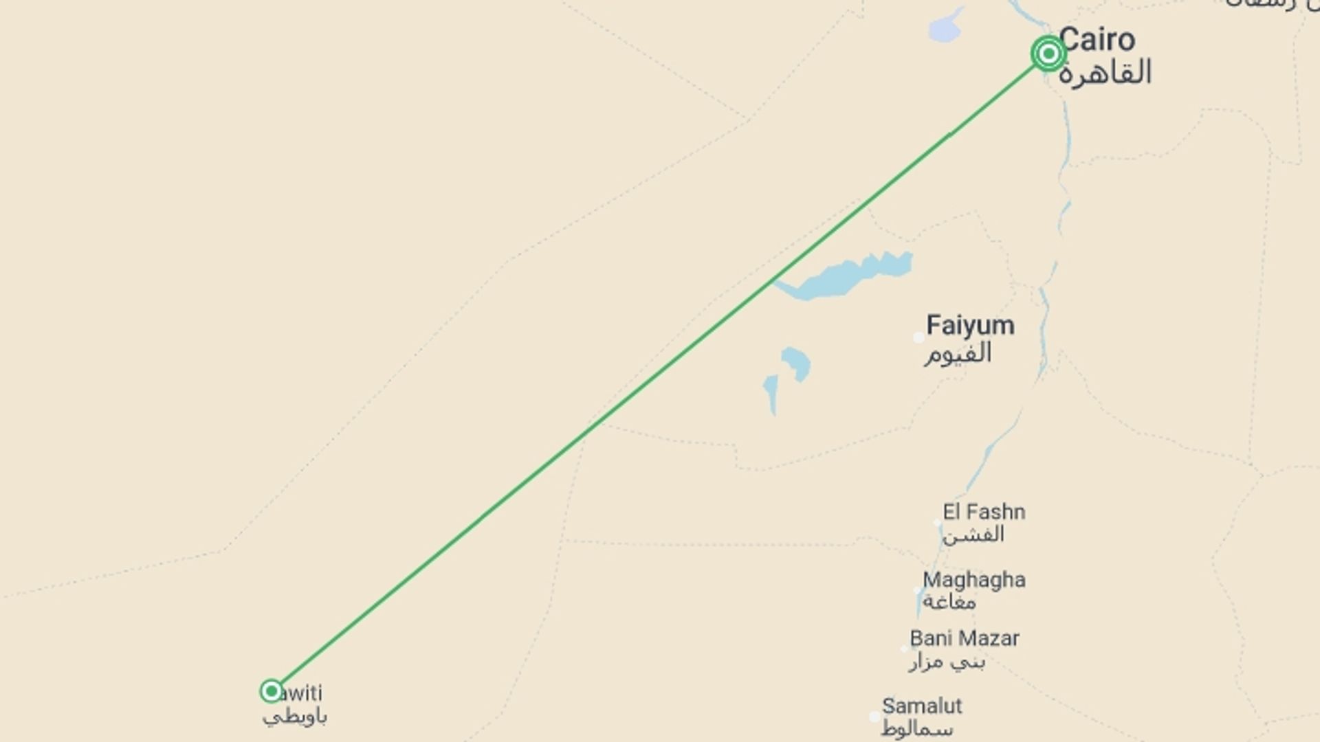 A map showing the tour itinerary for the trip: Cairo, Pyramids & Desert Explorer (5 Star) - 6 days, starting in Cairo, Egypt and ending in Cairo, Egypt going through 1 other destinations.
