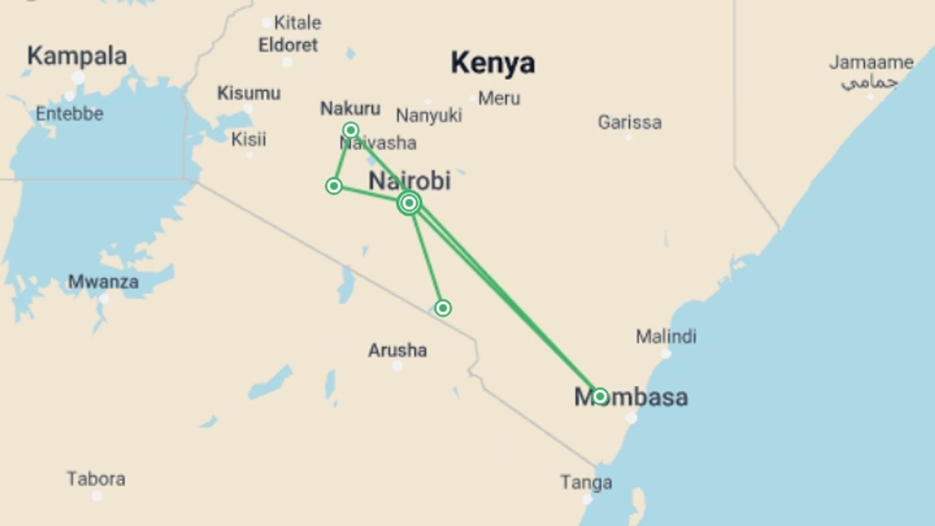 A map showing the tour itinerary for the trip: 9 Days Samburu, Nakuru, Masai Mara,Amboseli, starting in Nairobi, Kenya and ending in Nairobi, Kenya going through 6 other destinations.