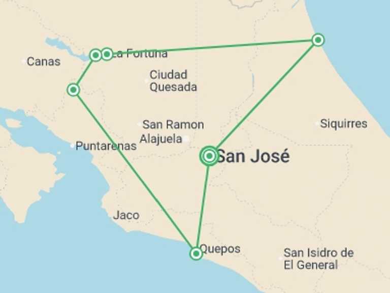 Map of San Jose Hot springs Tour with 6 destination visits for the trip: Costa Rica Encompassed - 14 days