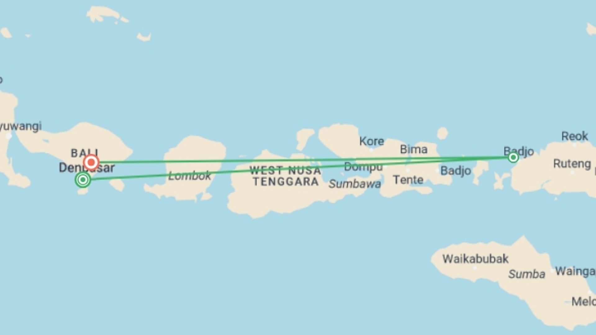 A map showing the tour itinerary for the trip: Classic Bali & Komodo Island, starting in Seminyak , Indonesia and ending in Ubud, Indonesia going through 2 other destinations.