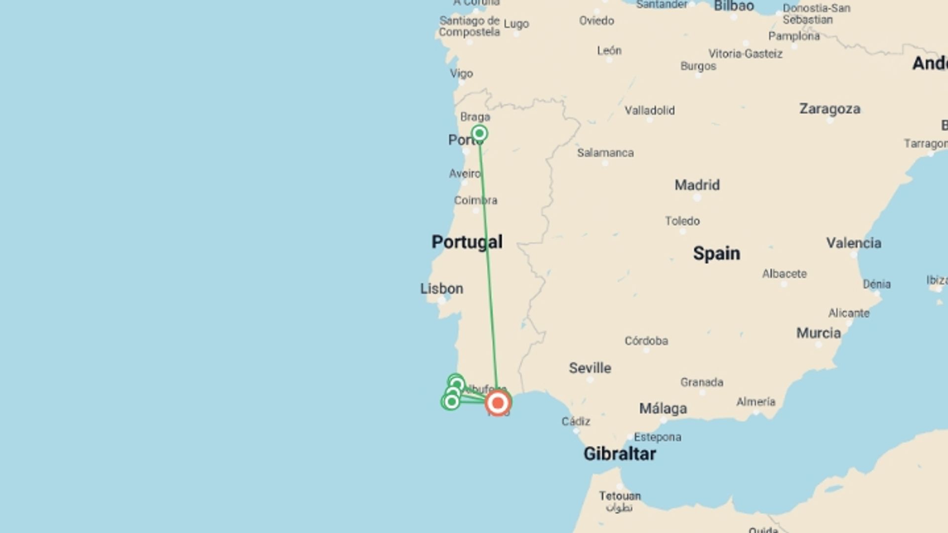 A map showing the tour itinerary for the trip: Cycle the Alentejo to the Algarve, starting in Faro, Portugal and ending in Algarve, Portugal going through 2 other destinations.