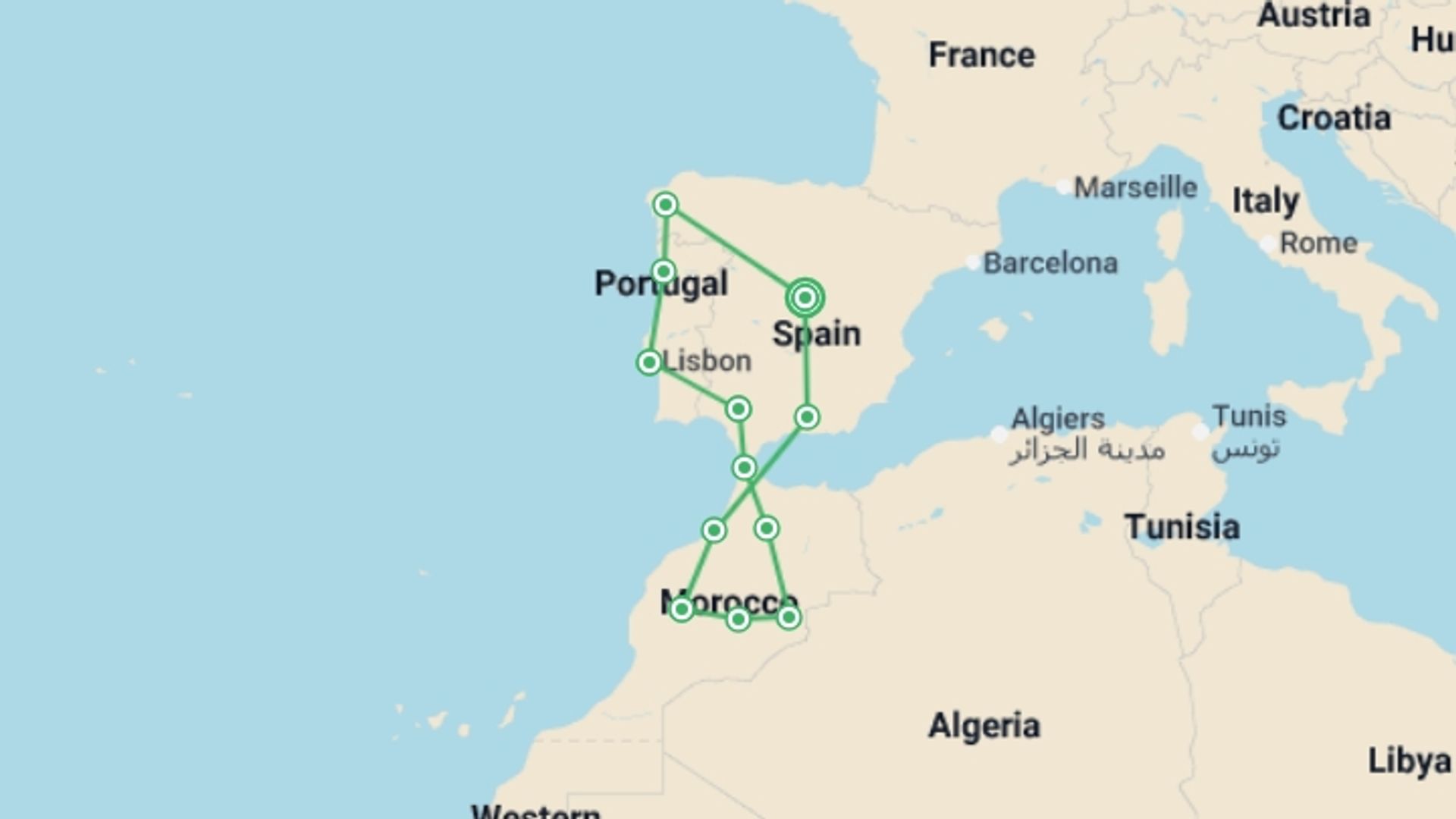 A map showing the tour itinerary for the trip: Iberian best and Mysterious Morocco, starting in Madrid, Spain and ending in Madrid, Spain going through 11 other destinations.