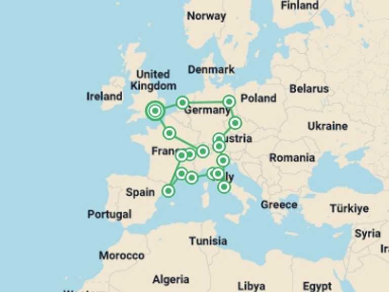 Map itinerary of London Tour in September 2026 with 4 destination visits for the trip: European Escapade