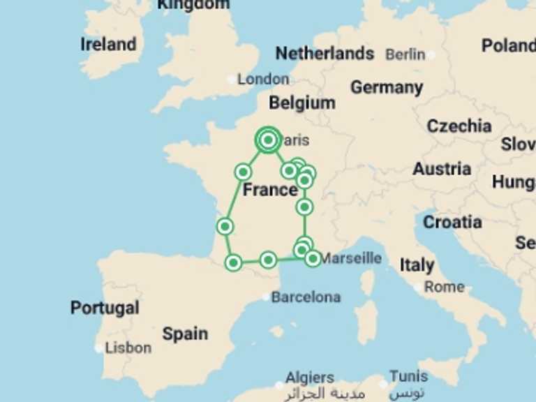Map itinerary of France Tour in May 2026 with 6 destination visits for the trip: Romantic France