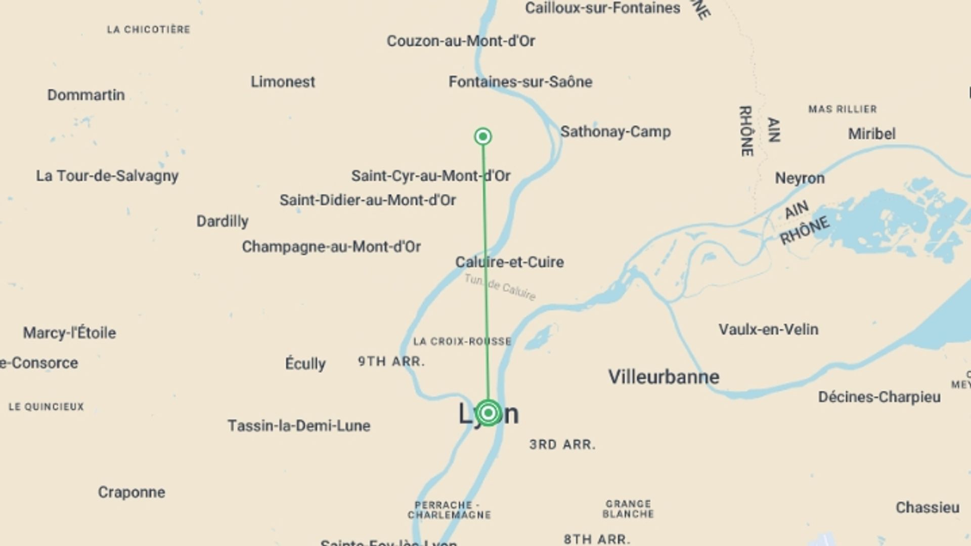A map showing the tour itinerary for the trip: Lyon-Vintage Chic and Gourmet Delights (port-to-port cruise), starting in Lyon, France and ending in Lyon, France going through 1 other destinations.