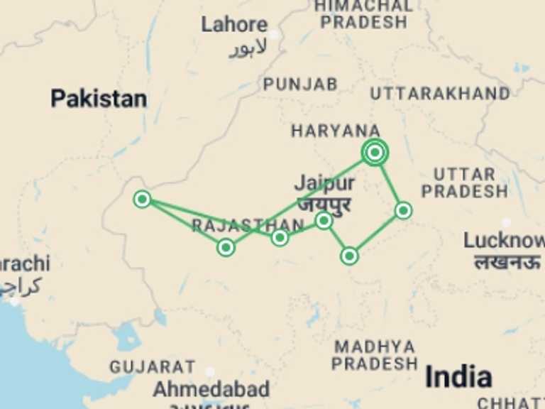Map of 13-Day India Tour with 7 destination visits for the trip: India Experience