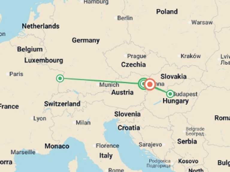 Map of Europe Tour with 4 destination visits for the trip: Taking in 3 countries: The Danube and its traditions (port-to-port cruise)