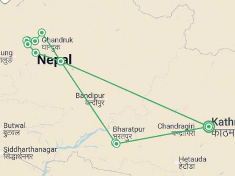 Map of Nepal Tour with 8 destination visits for the trip: Annapurna Chitwan
