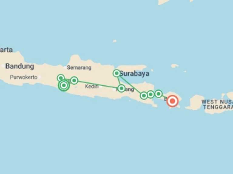 Map itinerary of Ubud Tour in October 2027 with 9 destination visits for the trip: Indonesia: Yogyakarta, Java & Ubud