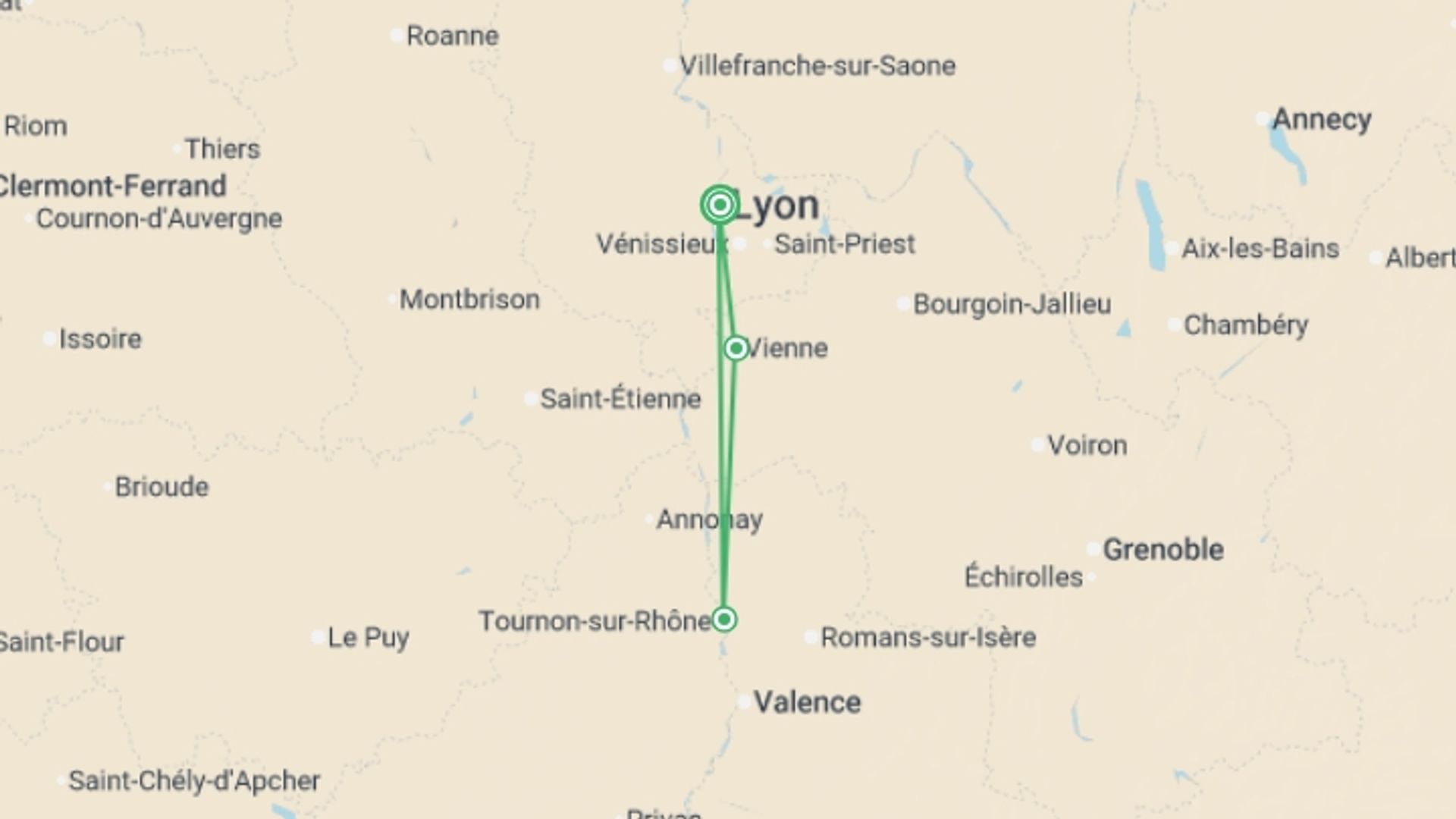 A map showing the tour itinerary for the trip: Rhône River Cruise: Between Terroir, History and Local Traditions. (Port to port), starting in Lyon, France and ending in Lyon, France going through 2 other destinations.