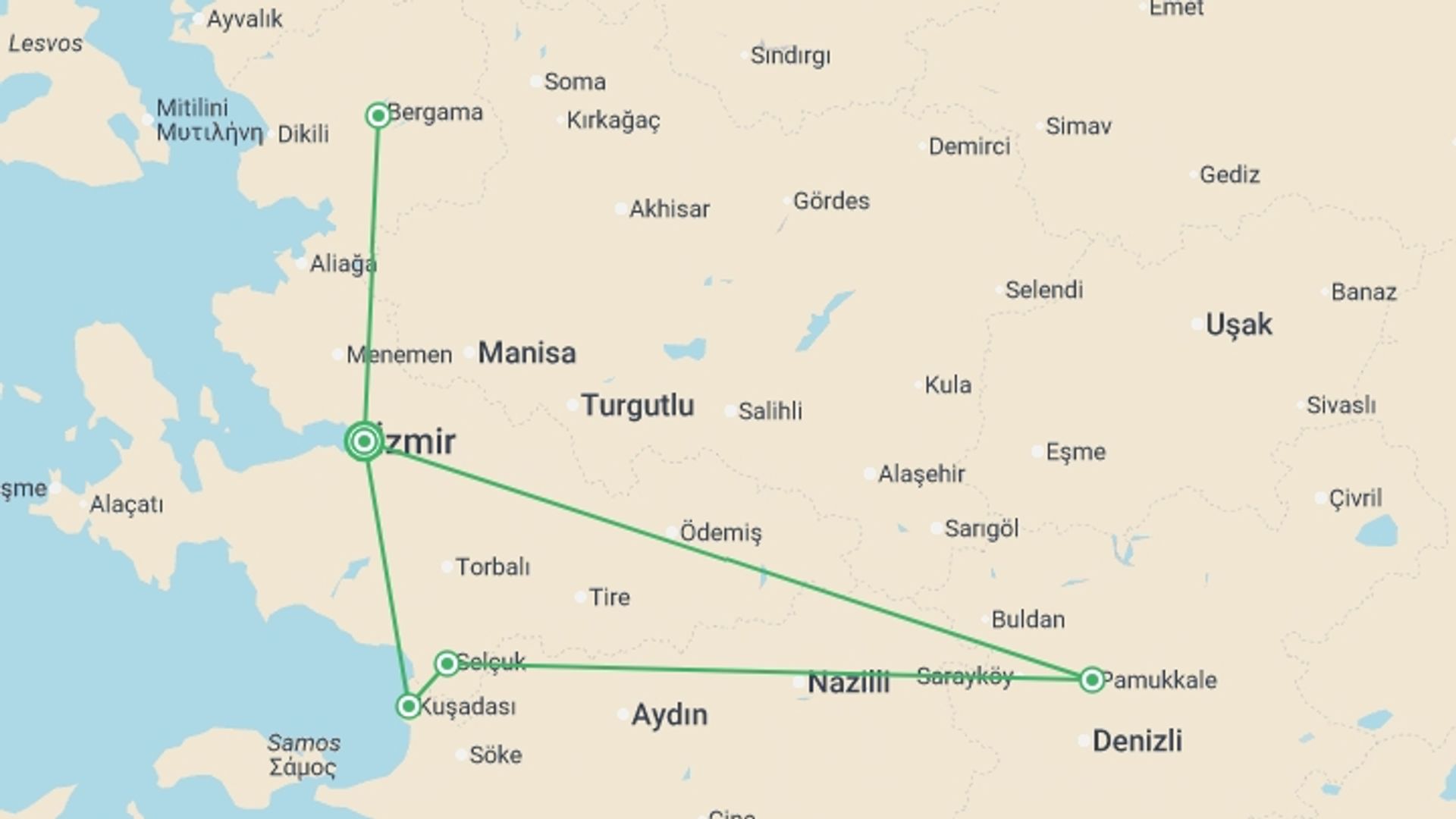 A map showing the tour itinerary for the trip: Seven Churches Of Revelation, starting in Izmir, Turkey and ending in Izmir, Turkey going through 2 other destinations.