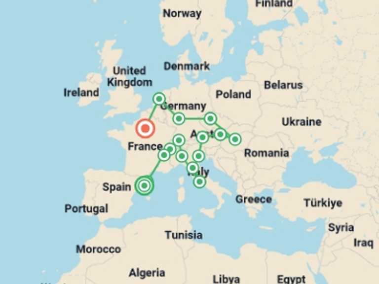 Map itinerary of Mediterranean Tour in Fall with 16 destination visits for the trip: Unforgettable Panorama