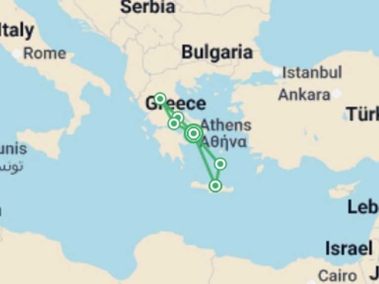 Map of Europe Tour with 3 destination visits for the trip: Athens, Northern Greece and Heraklion