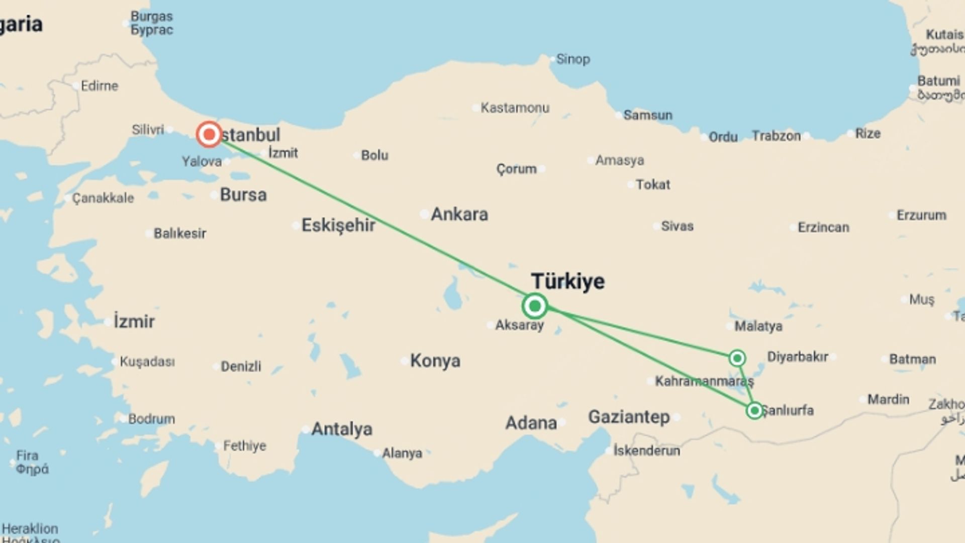 A map showing the tour itinerary for the trip: Gobekli Tepe & Mount Nemrut Explorer - 5 days, starting in Cappadocia, Turkey and ending in Istanbul, Turkey going through 2 other destinations.