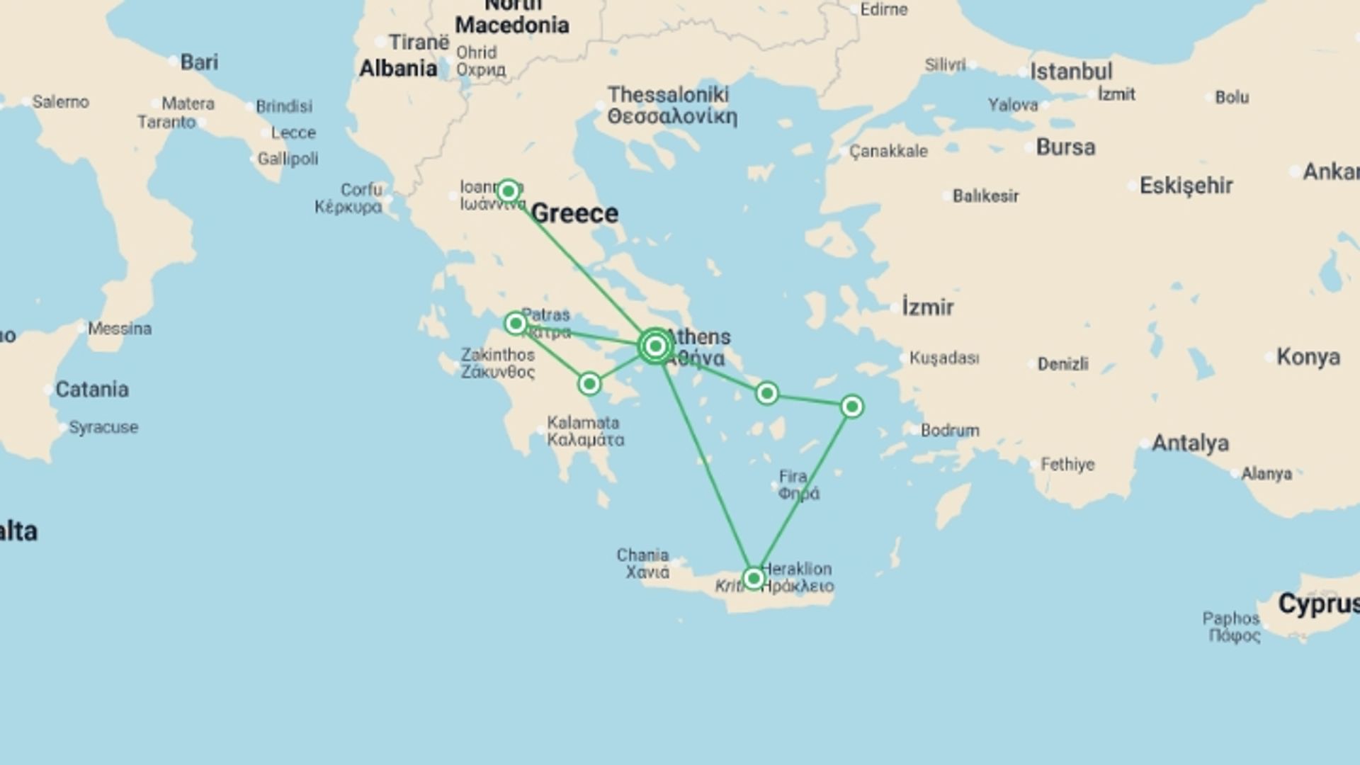 A map showing the tour itinerary for the trip: Complete Greece and the Beautiful Aegean Int, starting in Athens, Greece and ending in Athens, Greece going through 6 other destinations.