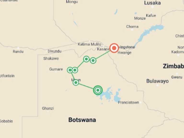 Map of Victoria Falls Waterfalls Tour with 7 destination visits for the trip: Okavango, Chobe & Victoria Falls: 12 Days