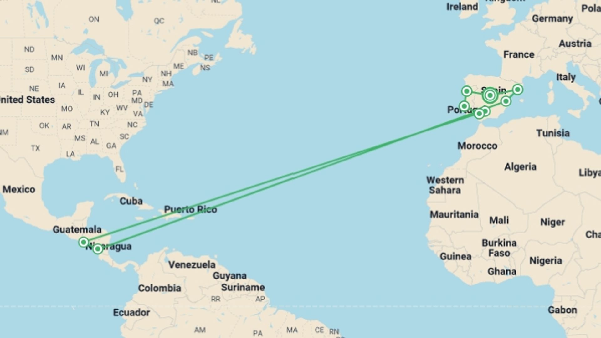 A map showing the tour itinerary for the trip: Best of Portugal, Andalucia & Barcelona - 13 days, starting in Madrid, Spain and ending in Madrid, Spain going through 8 other destinations.