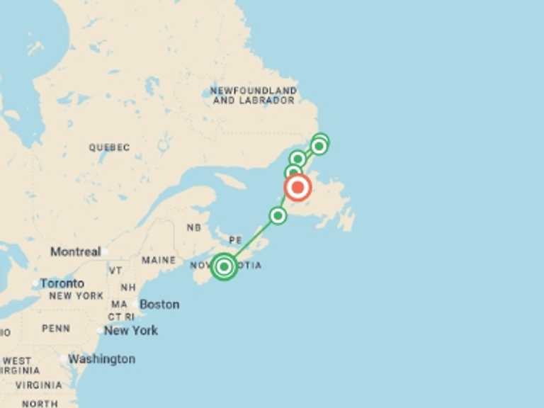 Map of 8-Day Canada Tour with 8 destination visits for the trip: Newfoundland Viking Trail From Halifax - 8 days