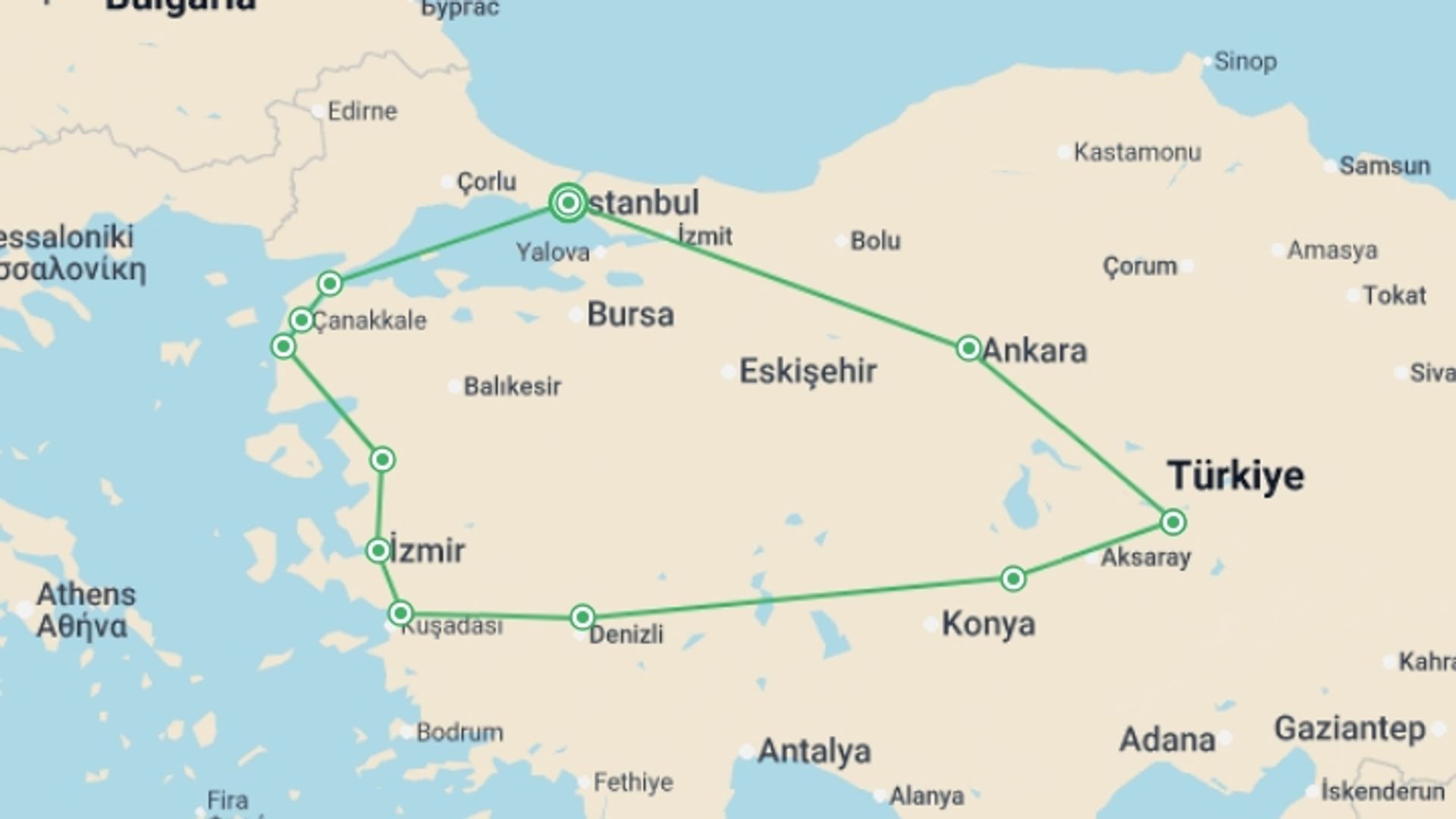 A map showing the tour itinerary for the trip: Absolutely Turkey (small Group Tour), starting in Istanbul, Turkey and ending in Istanbul, Turkey going through 5 other destinations.