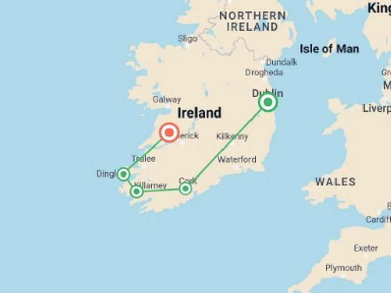 Map of Ireland Explorer Tour with 5 destination visits for the trip: Ireland: Charming Villages, Traditional Tales & Hiking the Dingle Peninsula