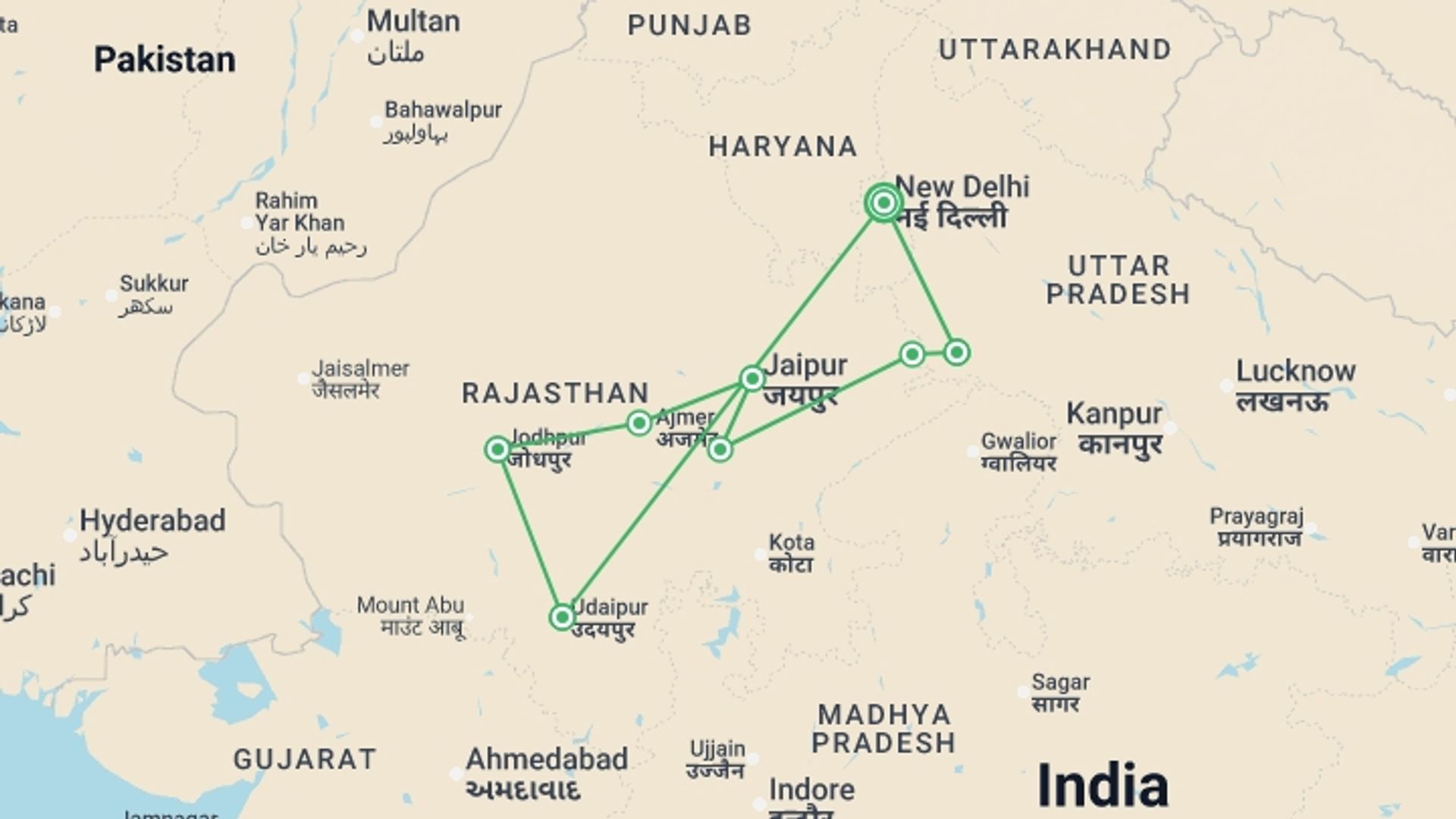 A map showing the tour itinerary for the trip: Rajasthan Explorer, starting in New Delhi, India and ending in New Delhi, India going through 7 other destinations.