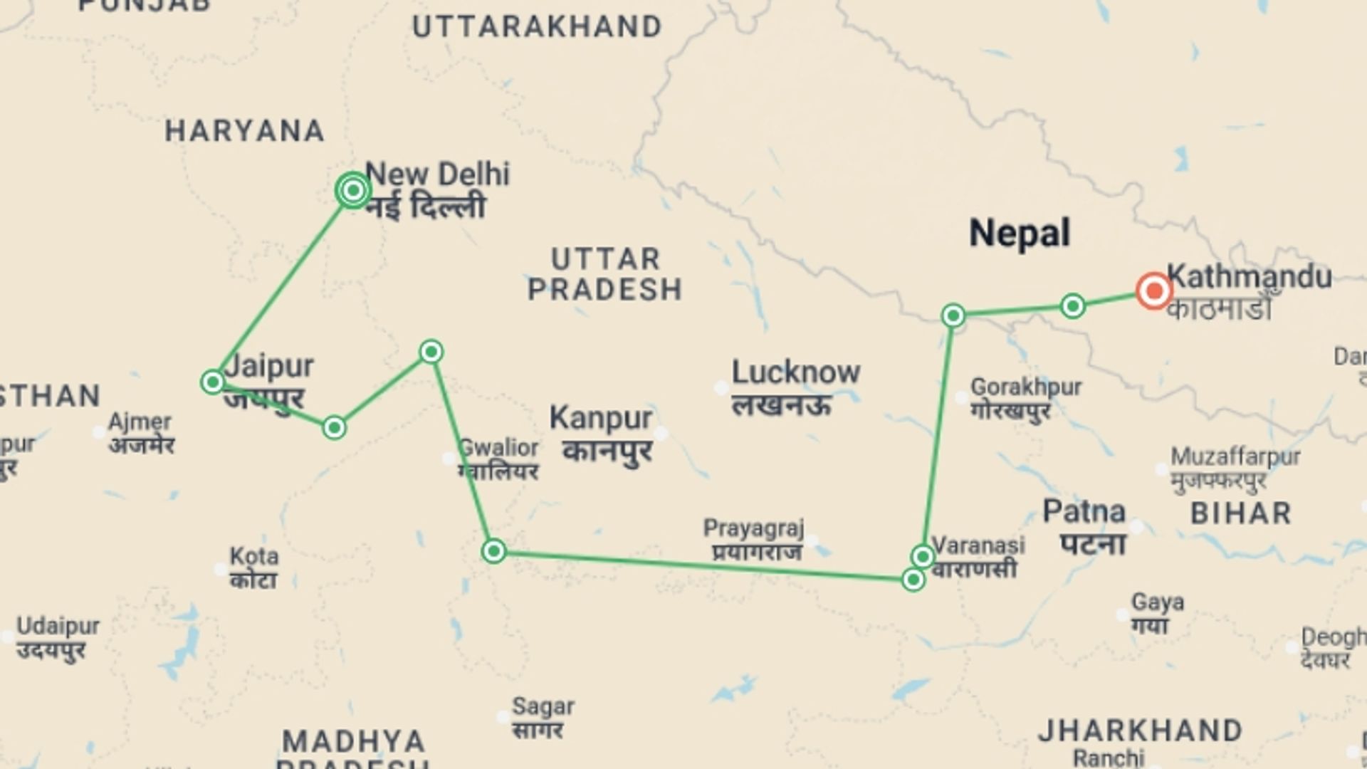 A map showing the tour itinerary for the trip: Highlights of India & Nepal, starting in New Delhi, India and ending in Kathmandu, Nepal going through 8 other destinations.