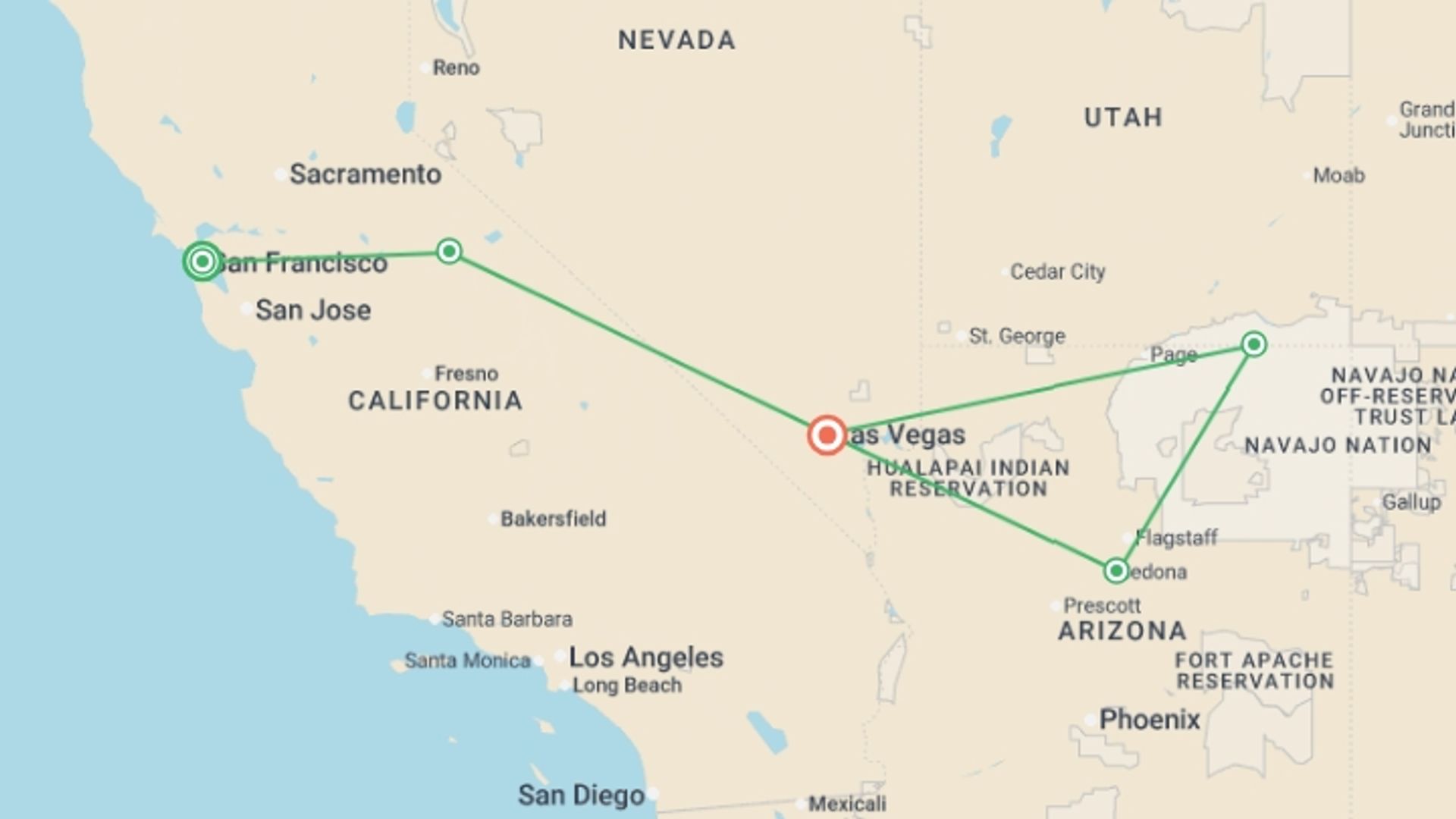 A map showing the tour itinerary for the trip: Best of the Western US From San Fran - 7 days, starting in San Francisco, USA and ending in Las Vegas, USA going through 3 other destinations.