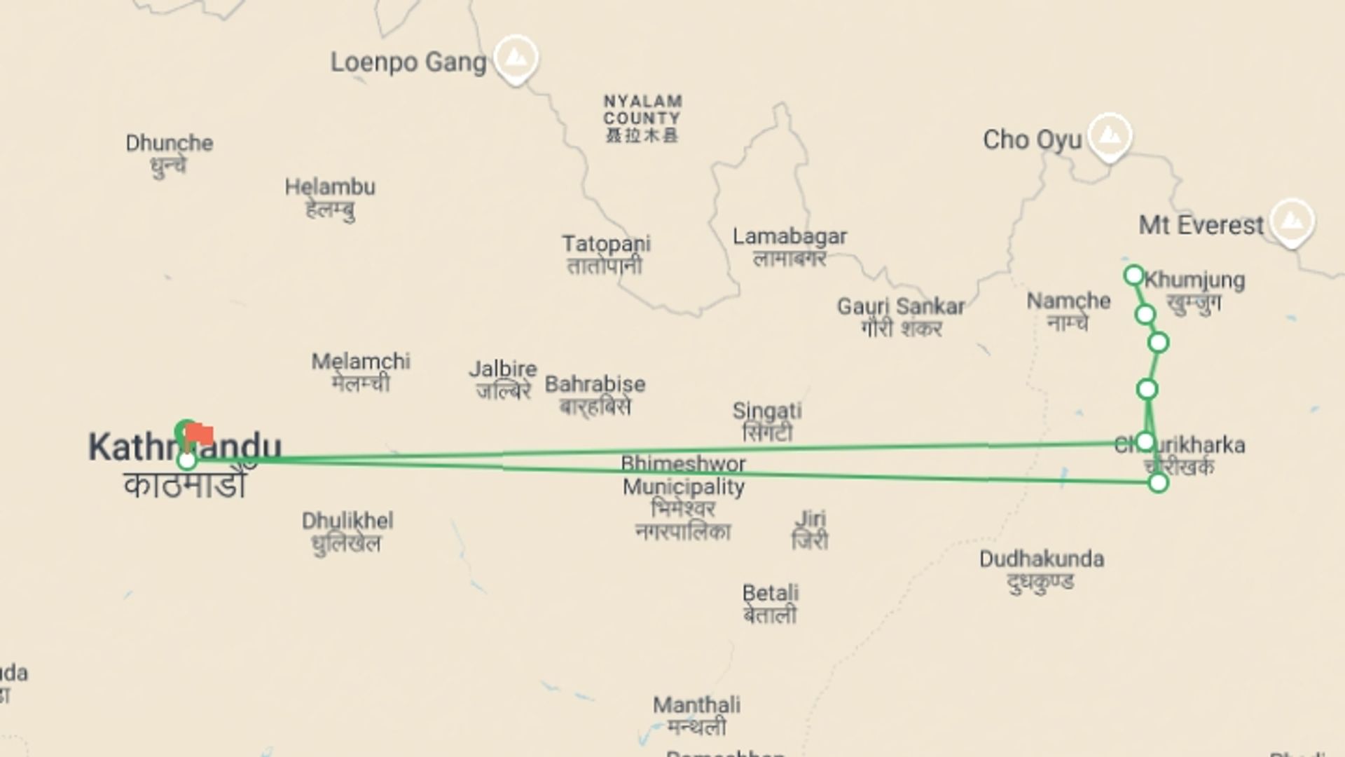 A map showing the tour itinerary for the trip: Gokyo Valley Trek, starting in Kathmandu, Nepal and ending in Kathmandu, Nepal going through 7 other destinations.
