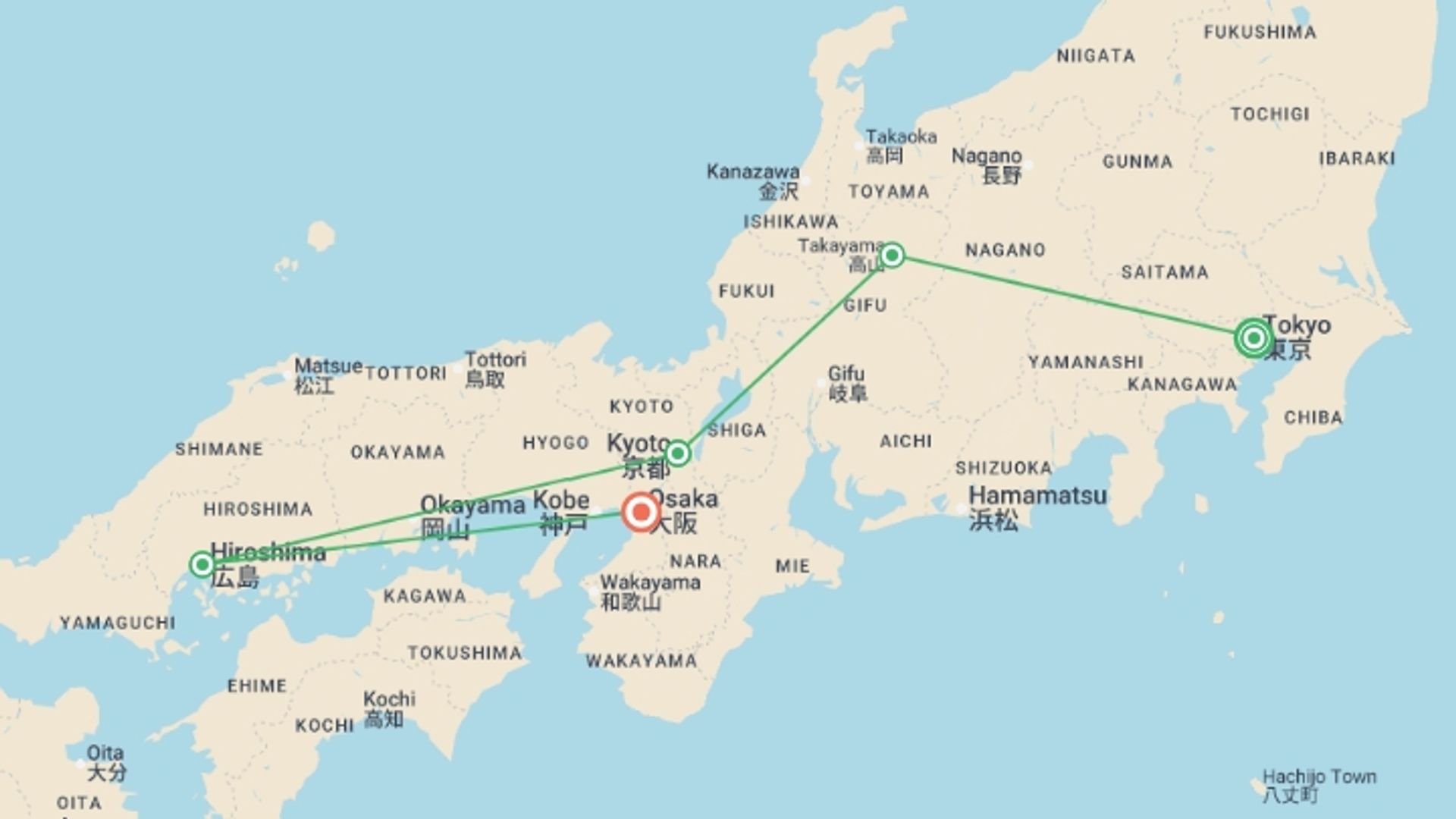 A map showing the tour itinerary for the trip: Epic Japan: Speed Trains & Street Food, starting in Tokyo, Japan and ending in Osaka, Japan going through 3 other destinations.