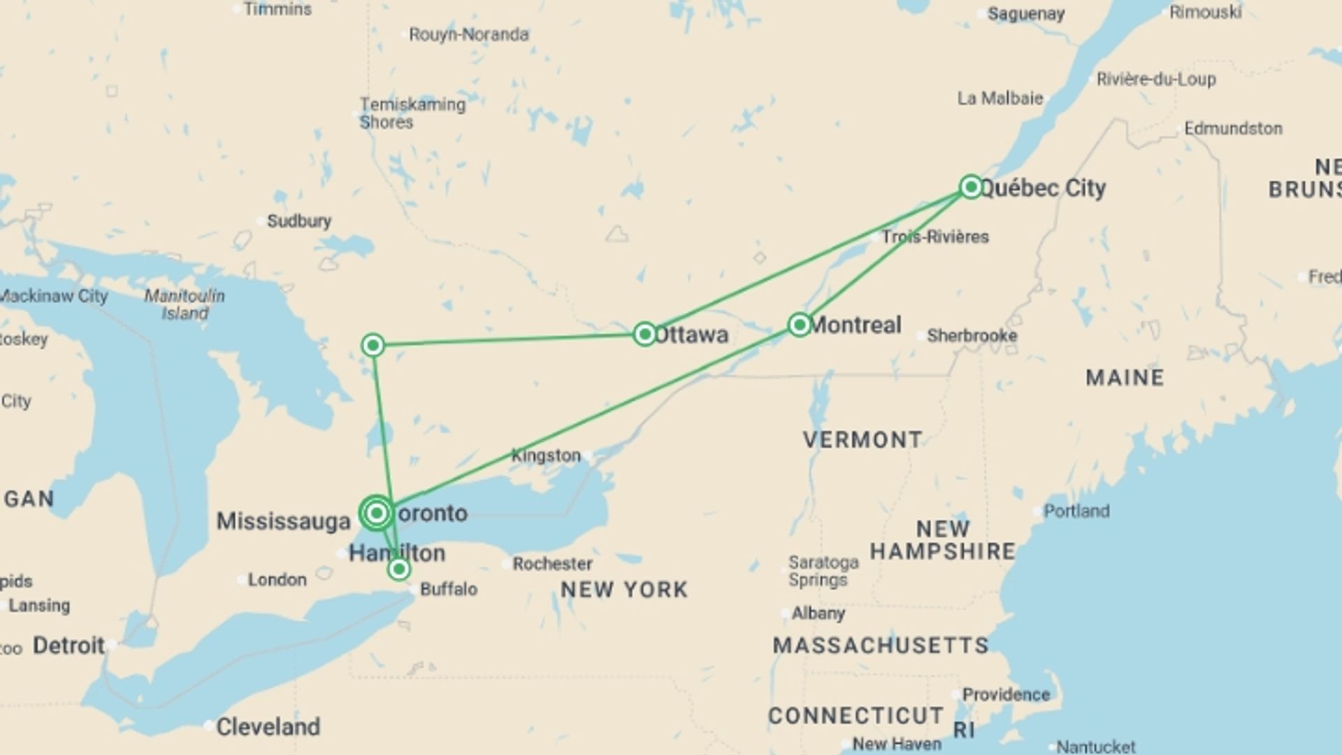 A map showing the tour itinerary for the trip: Eastern Explorer, starting in Toronto, Canada and ending in Toronto, Canada going through 5 other destinations.