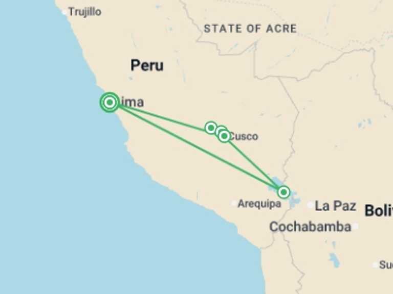 Map itinerary of Lima Tour in September 2026 with 5 destination visits for the trip: Machu Picchu & Lake Titicaca - 11 days