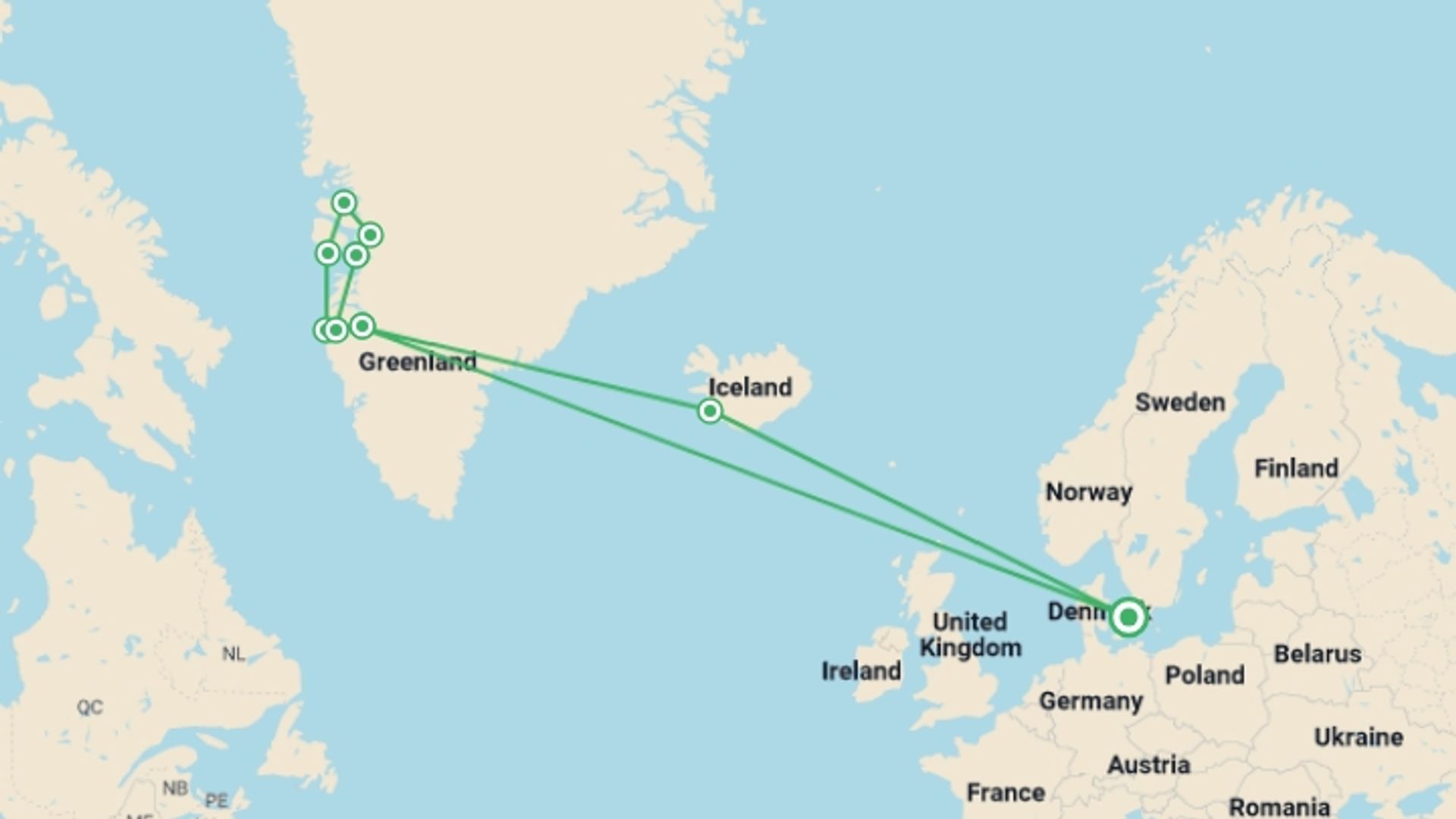 A map showing the tour itinerary for the trip: Greenland Disko Bay Discovered - 8 Days, starting in Copenhagen, Denmark and ending in Copenhagen, Denmark going through 7 other destinations.