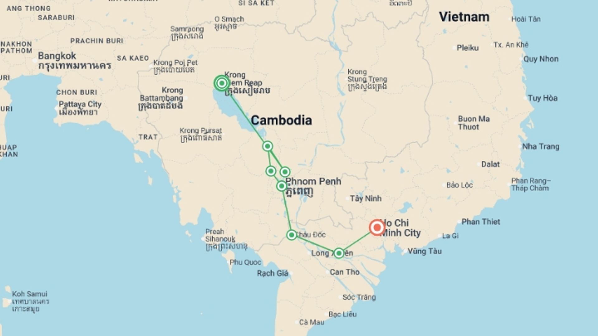 A map showing the tour itinerary for the trip: The Mekong in a different way - Between adventure and must-see sites (port-to-port cruise), starting in Siem Reap, Cambodia and ending in Ho Chi Minh City, Vietnam going through 5 other destinations.