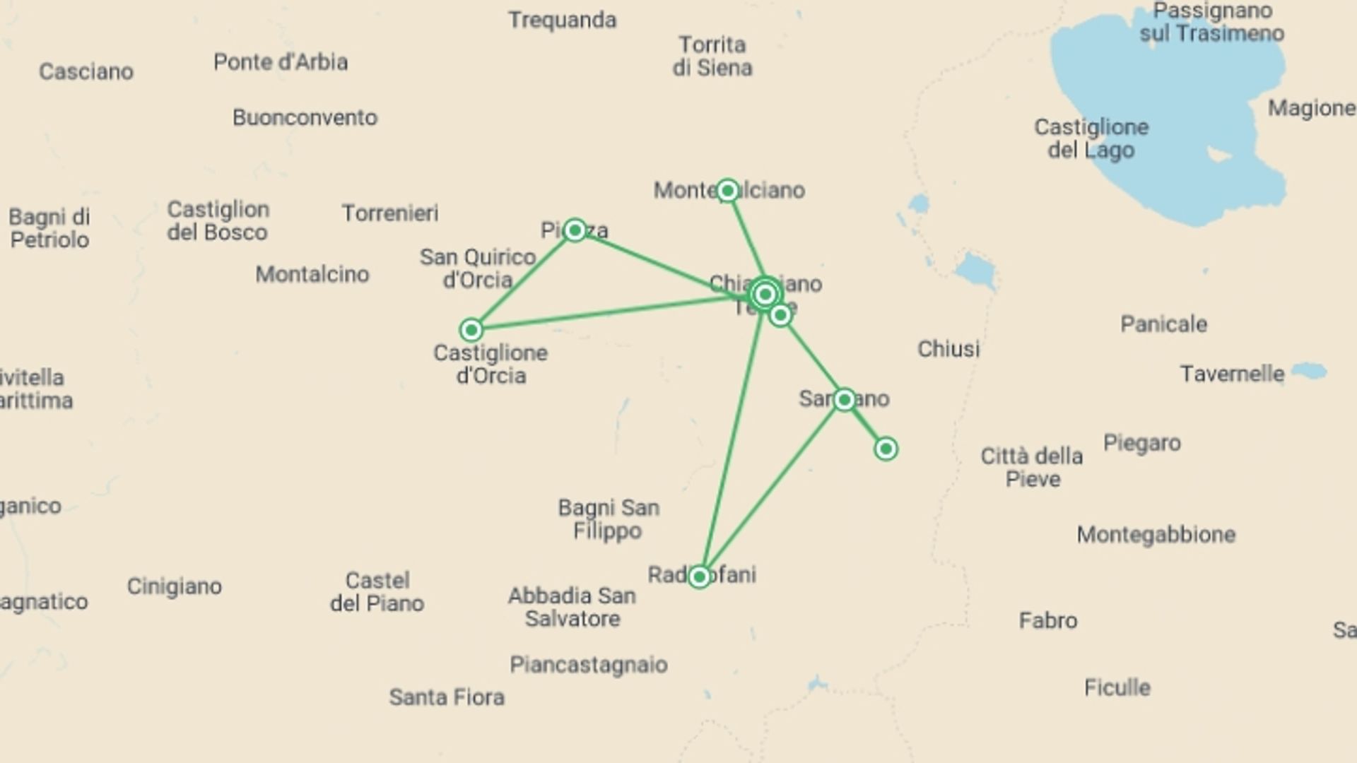 A map showing the tour itinerary for the trip: A Taste of Tuscany Cycling, starting in Chianciano Terme, Italy and ending in Chianciano Terme, Italy going through 5 other destinations.